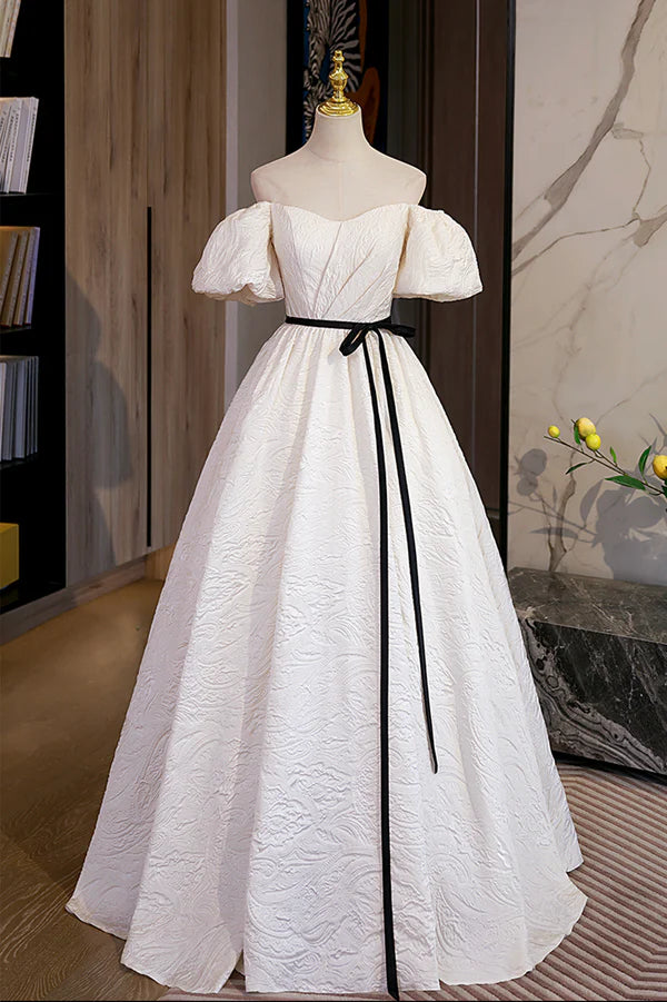 Wholesale Simple A-Line Jacquard Fabric Long Prom Dress Off the Shoulder Evening Dress